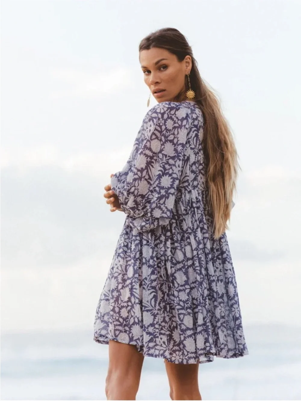 Daughters of India Blue and White Floral Babydoll Dress - Picture 2 of 9